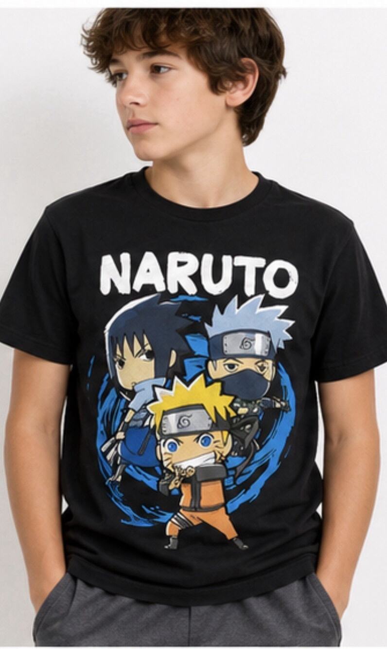 Naruto Boys Small Black Anime Graphic T-Shirt Sasuke Kakashi Youth